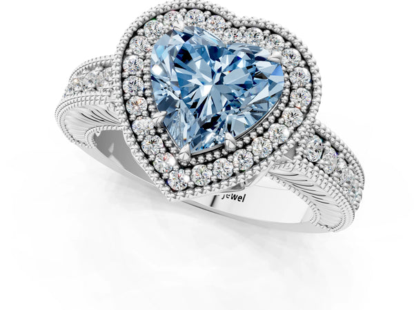 Platinum Fancy Blue Heart  Cut Halo Diamond Ring with Pavé Band and Four-Prong Setting