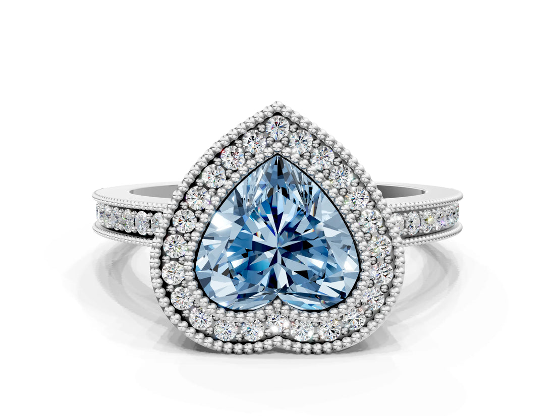 White gold Fancy Blue Heart  Cut Halo Diamond Ring with Pavé Band and Milgrain Prong Setting_32