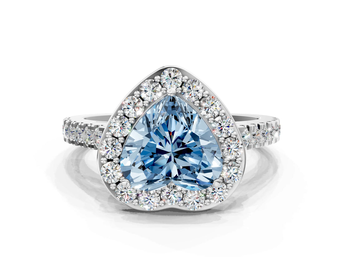 White gold Fancy Blue Heart Cut Halo Diamond Ring with Pavé Band and Three-Prong Setting_12