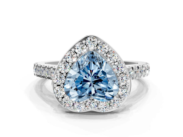 Platinum Fancy Blue Heart Cut Halo Diamond Ring with Pavé Band and Three-Prong Setting