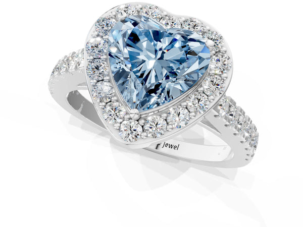 Platinum Fancy Blue Heart Cut Halo Diamond Ring with Pavé Band and Three-Prong Setting