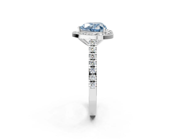 Platinum Fancy Blue Heart Cut Halo Diamond Ring with Pavé Band and Three-Prong Setting