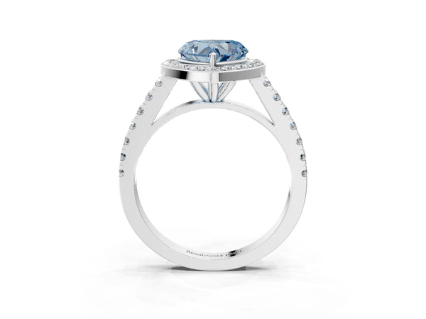 Platinum Fancy Blue Heart Cut Halo Diamond Ring with Pavé Band and Three-Prong Setting