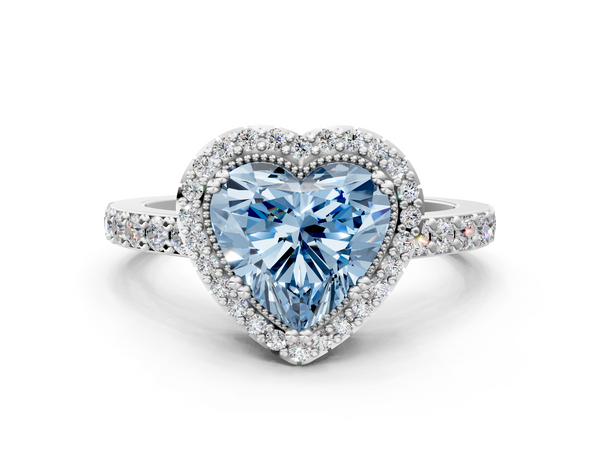 Platinum Fancy Blue Heart  Cut Diamond Halo Engagement Ring with Milgrain Detail and Pavé Band
