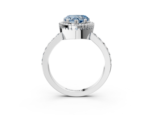 Platinum Fancy Blue Heart  Cut Diamond Halo Engagement Ring with Milgrain Detail and Pavé Band