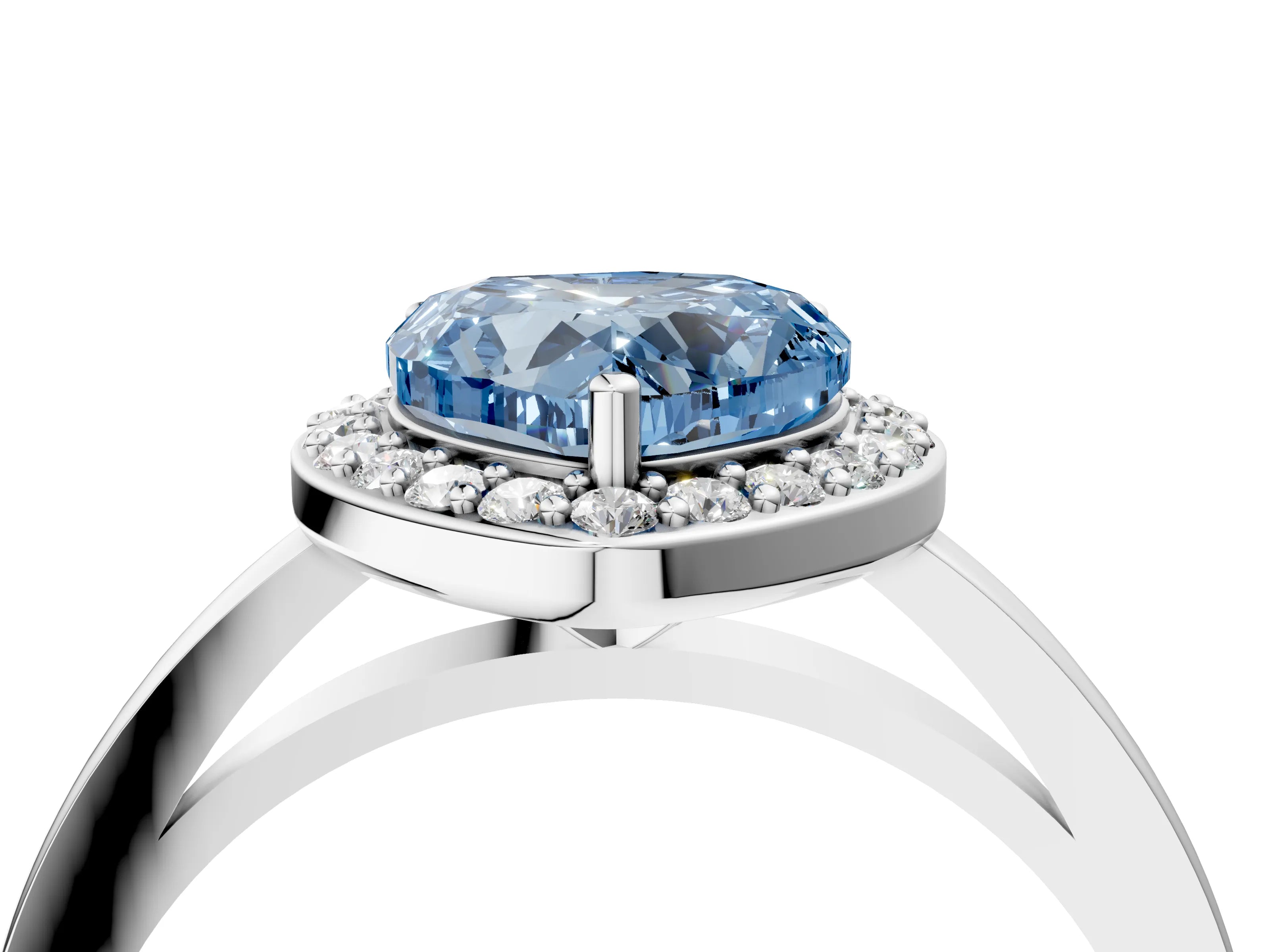 White gold Fancy Blue Heart Cut Halo Diamond Ring with Solitaire Band and Prong Setting_4