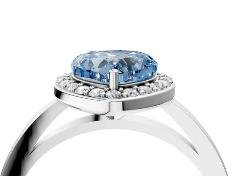 White gold Fancy Blue Heart Cut Halo Diamond Ring with Solitaire Band and Prong Setting_4