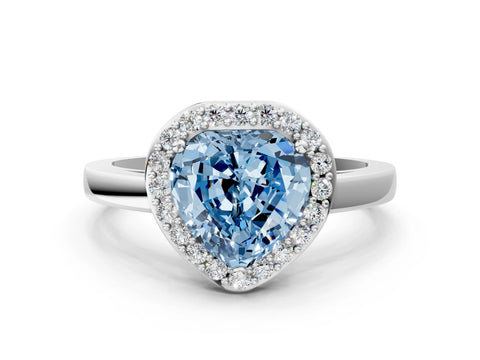 White gold Fancy Blue Heart Cut Halo Diamond Ring with Solitaire Band and Prong Setting