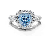 White gold Fancy Blue Heart Cut Halo Diamond Solitaire with Filigree Band and Four-Prong Setting