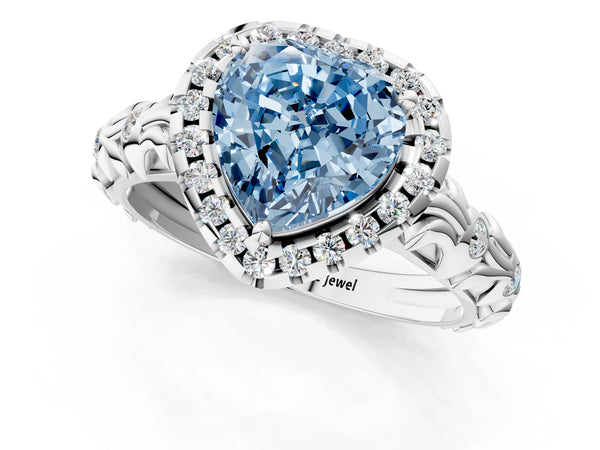 White gold Fancy Blue Heart Cut Halo Diamond Solitaire with Filigree Band and Four-Prong Setting