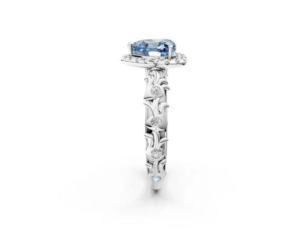 White gold Fancy Blue Heart Cut Halo Diamond Solitaire with Filigree Band and Four-Prong Setting