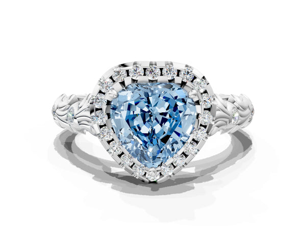 White gold Fancy Blue Heart Cut Halo Diamond Solitaire with Filigree Band and Four-Prong Setting