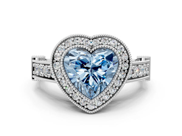 White gold Fancy Blue Heart Cut Halo Diamond Split Shank Pave Ring
