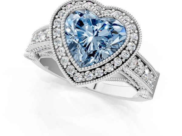 White gold Fancy Blue Heart Cut Halo Diamond Split Shank Pave Ring