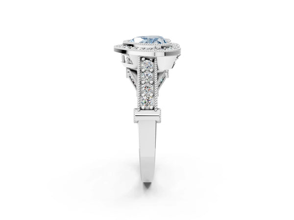 White gold Fancy Blue Heart Cut Halo Diamond Split Shank Pave Ring