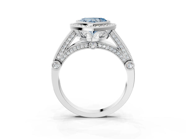 White gold Fancy Blue Heart Cut Halo Diamond Split Shank Pave Ring