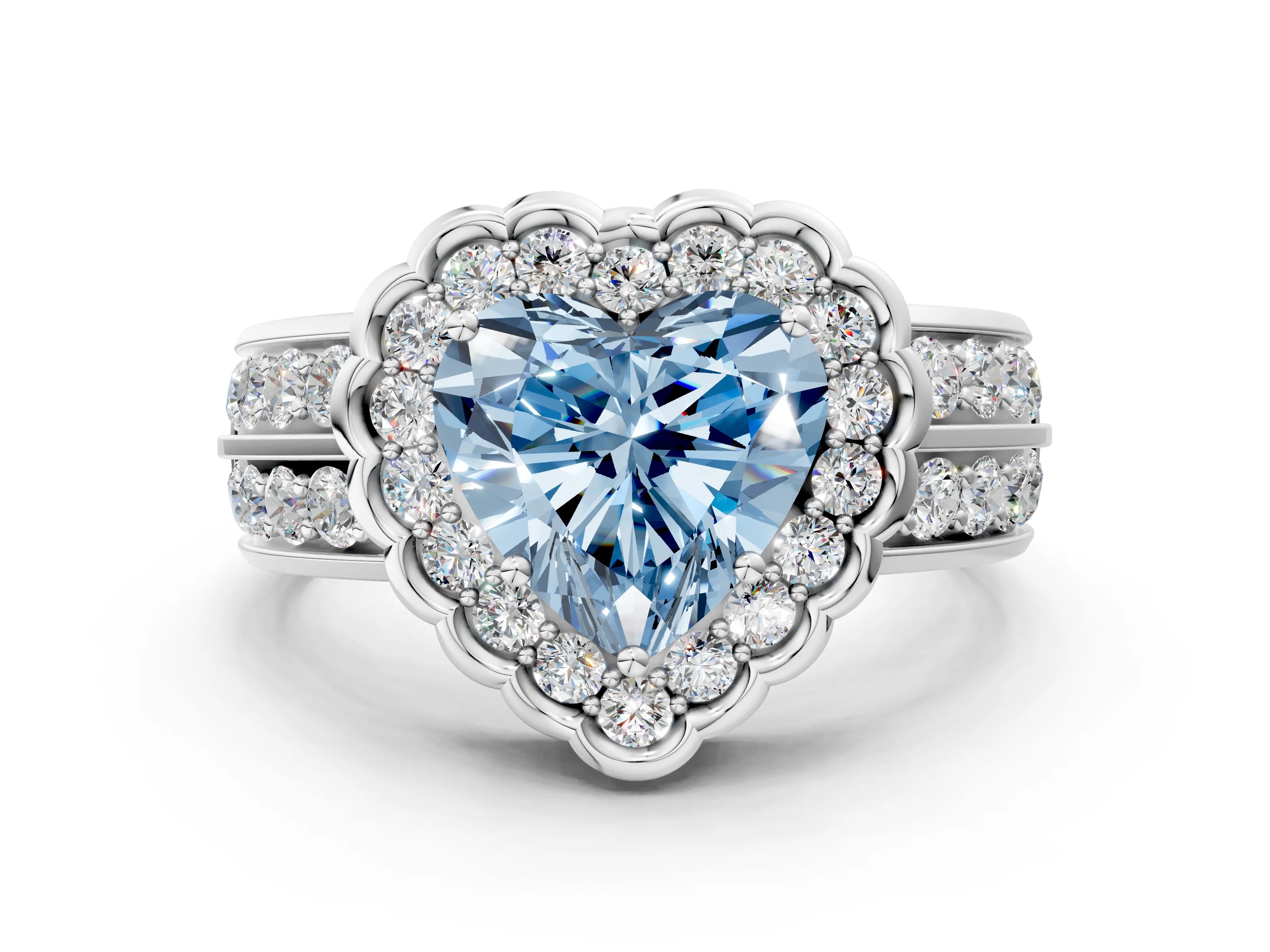 White gold Fancy Blue Heart Cut Halo Diamond Split Shank Ring with Scalloped Prong Setting_12
