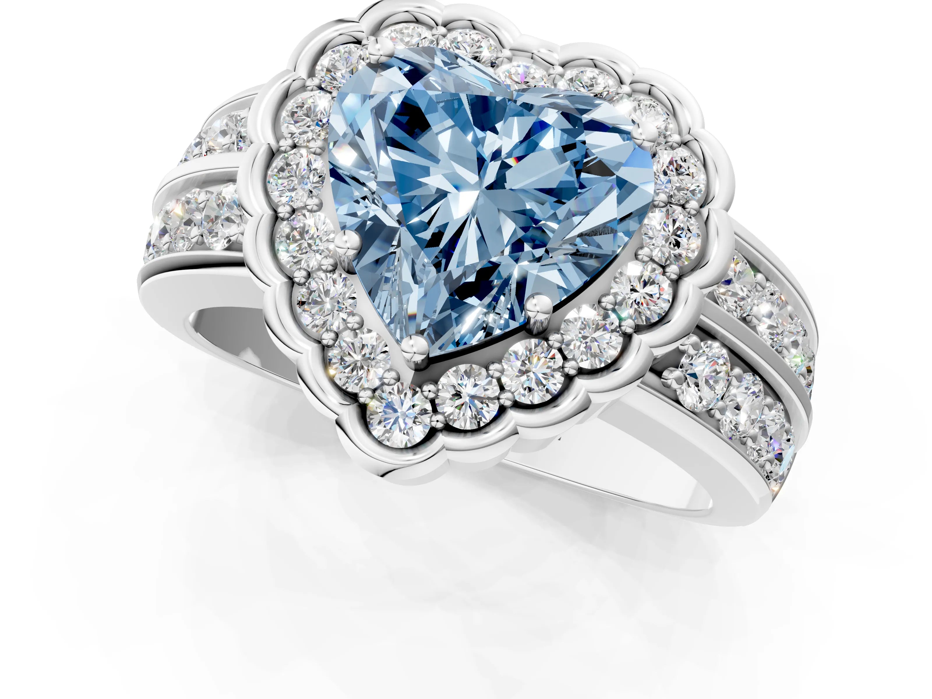 White gold Fancy Blue Heart Cut Halo Diamond Split Shank Ring with Scalloped Prong Setting_13