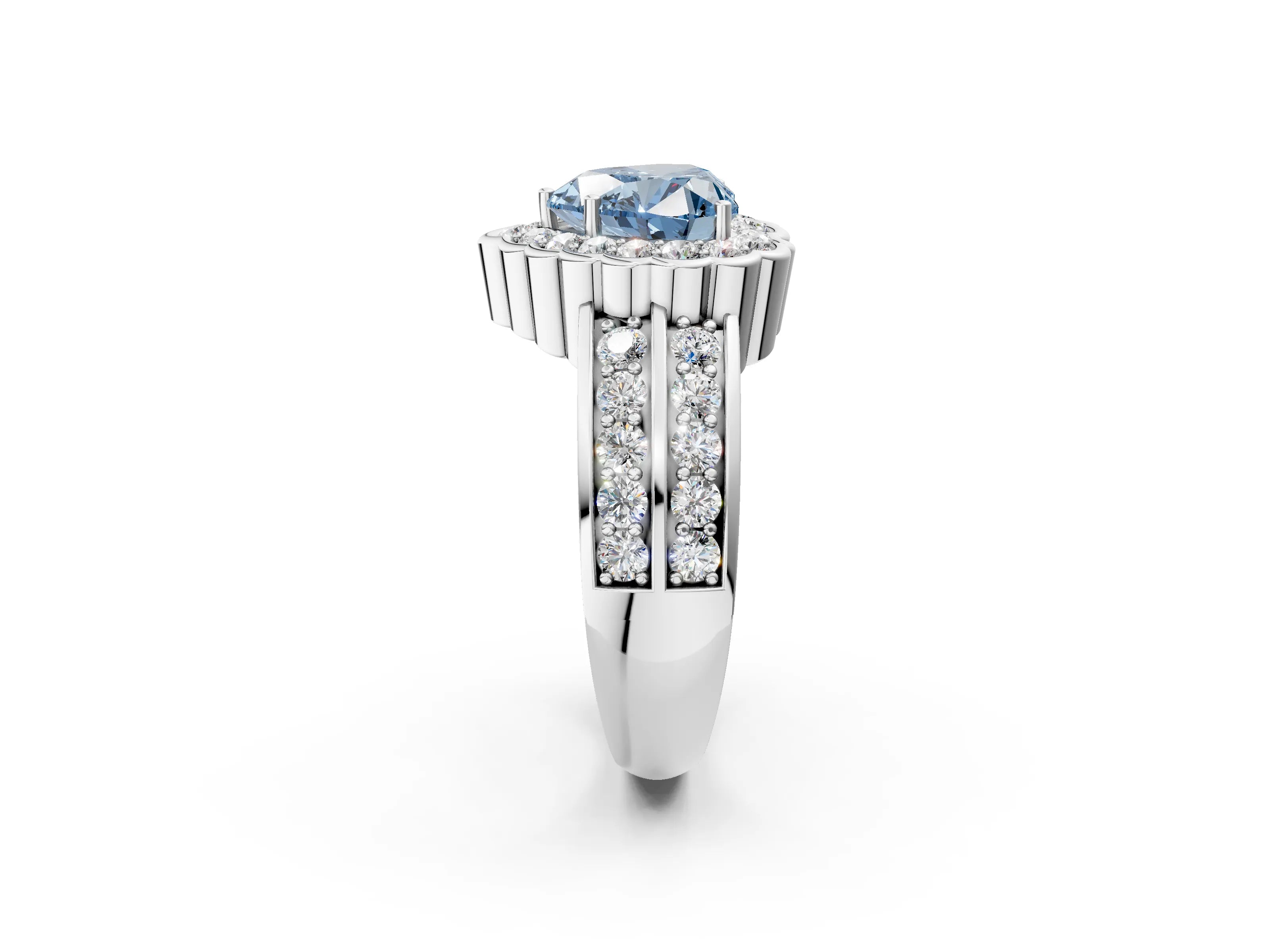White gold Fancy Blue Heart Cut Halo Diamond Split Shank Ring with Scalloped Prong Setting_14