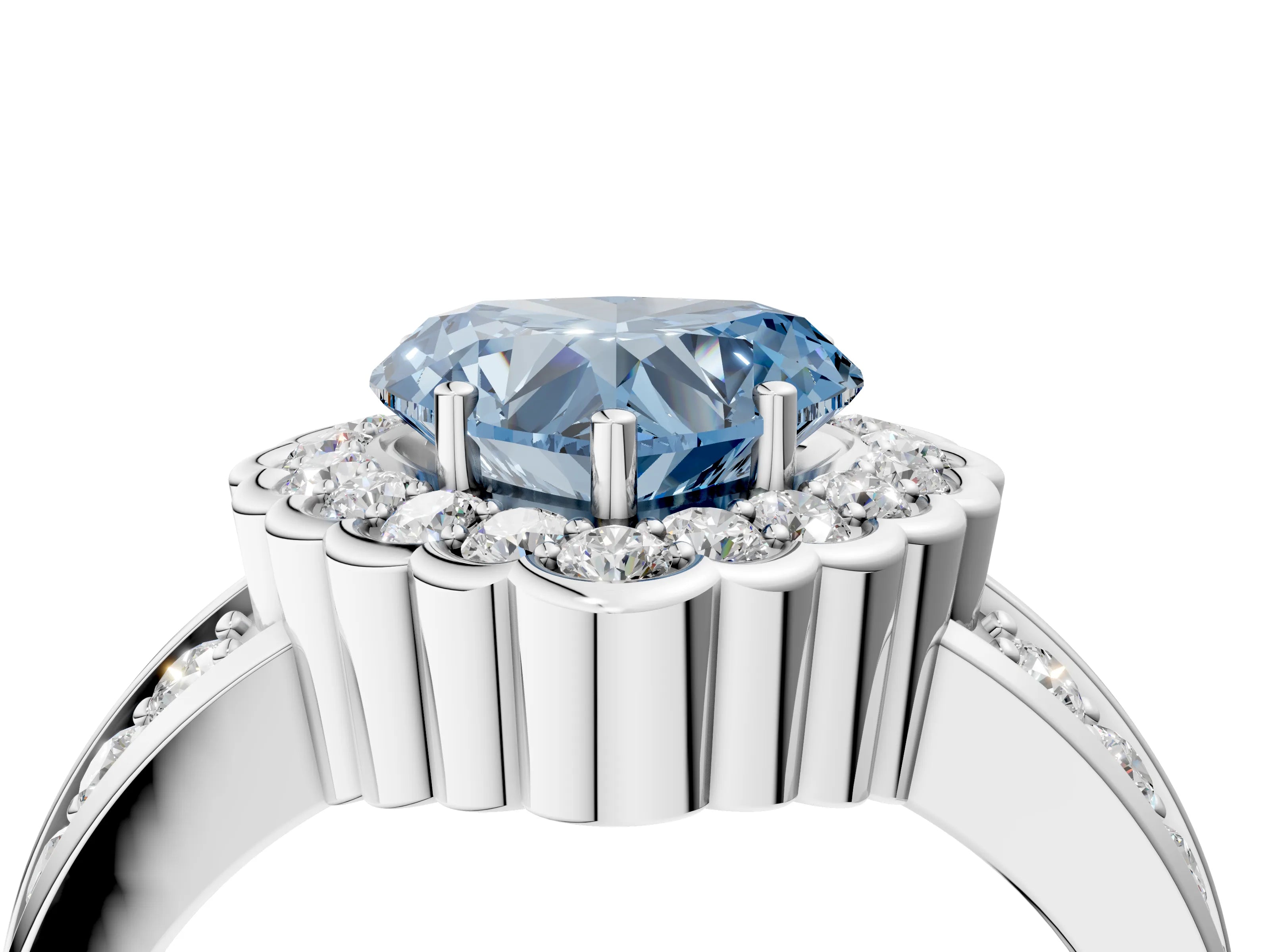 White gold Fancy Blue Heart Cut Halo Diamond Split Shank Ring with Scalloped Prong Setting_16