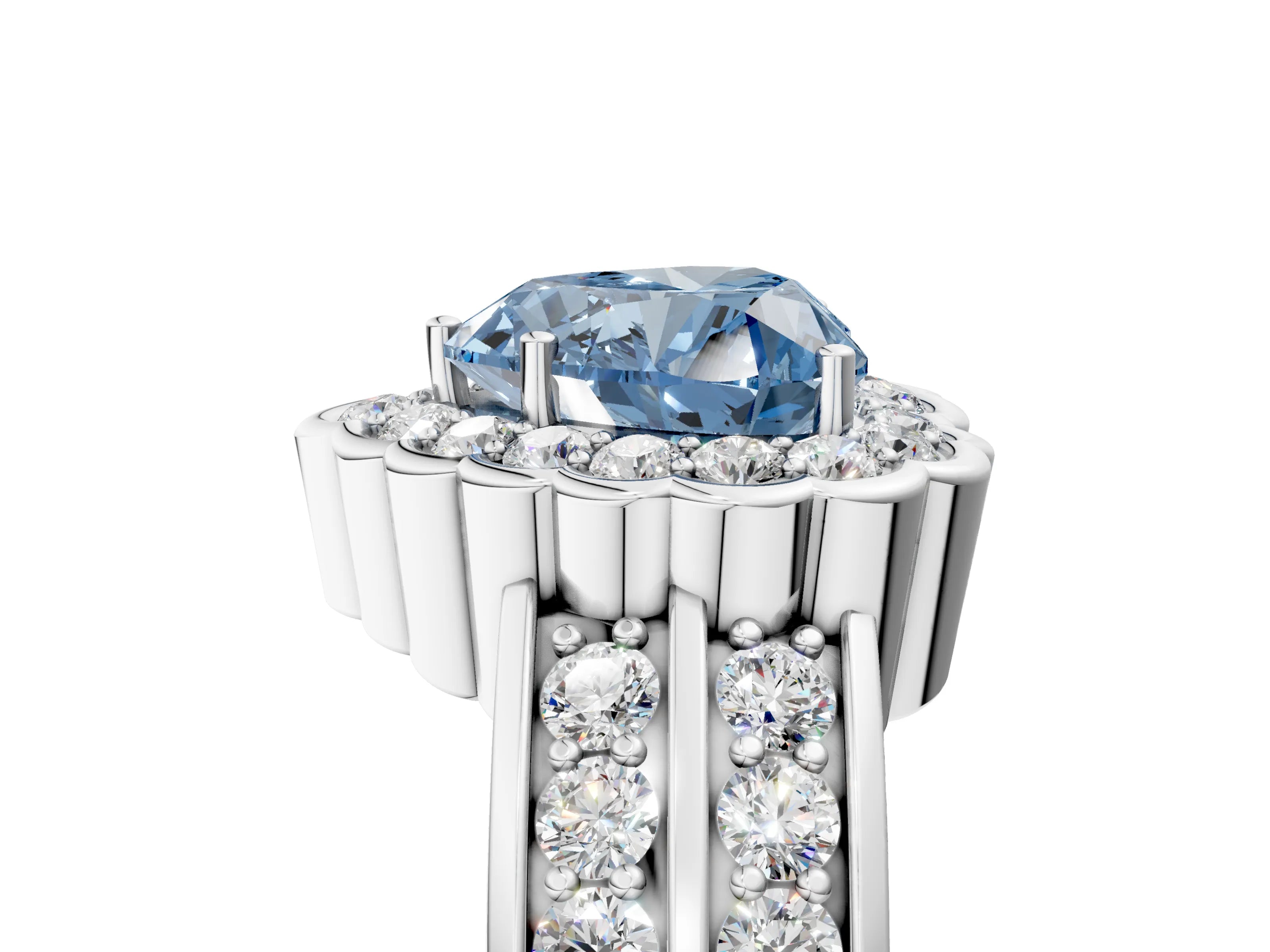 White gold Fancy Blue Heart Cut Halo Diamond Split Shank Ring with Scalloped Prong Setting_17
