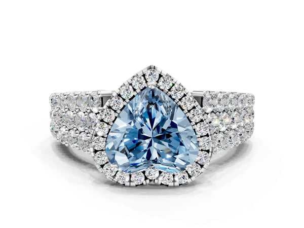White gold Fancy Blue Heart Cut Halo Pavé Diamond Engagement Ring with Split Shank and Four-Prong Setting