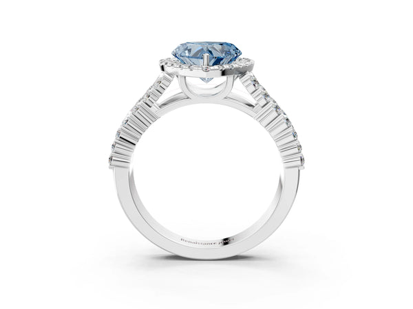 White gold Fancy Blue Heart Cut Halo Pavé Diamond Engagement Ring with Split Shank and Four-Prong Setting