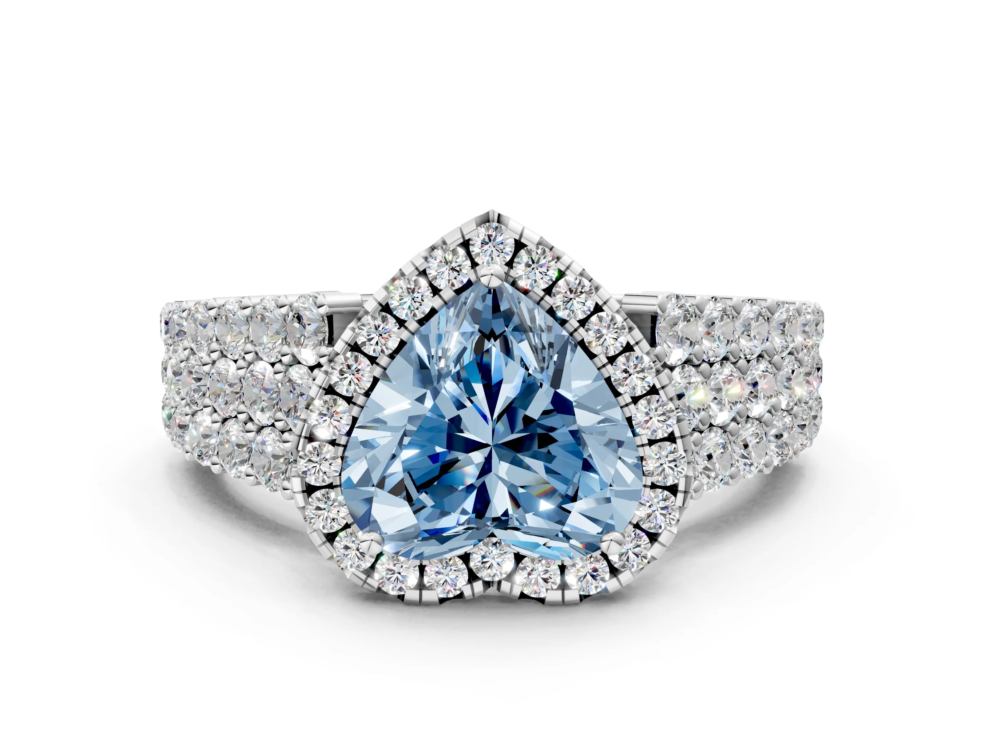 White gold Fancy Blue Heart Cut Halo Pavé Diamond Engagement Ring with Split Shank and Four-Prong Setting_3