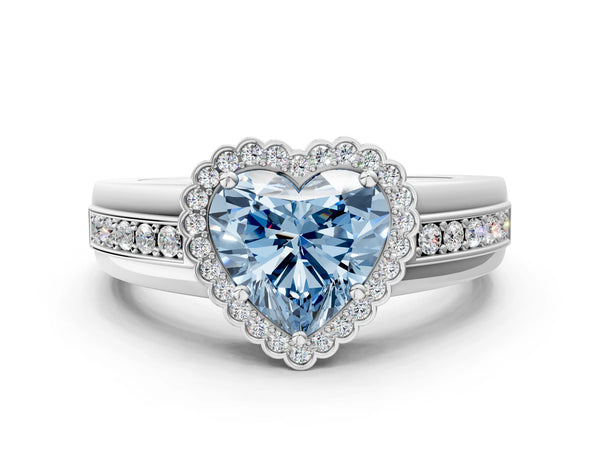 White gold Fancy Blue Heart  Cut Halo Pave Band Four-Prong Ring