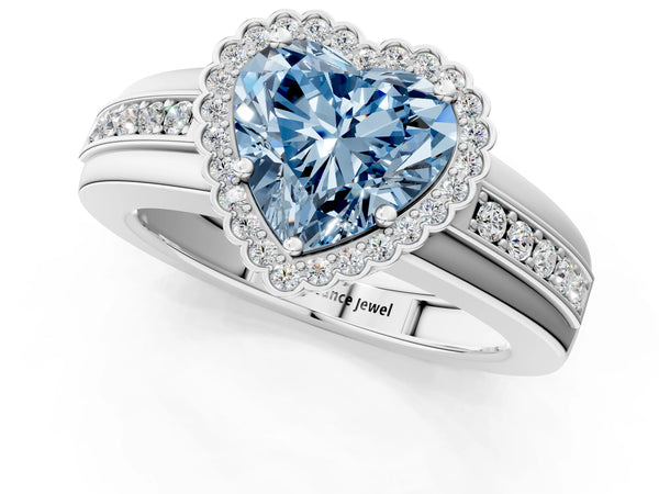 White gold Fancy Blue Heart  Cut Halo Pave Band Four-Prong Ring
