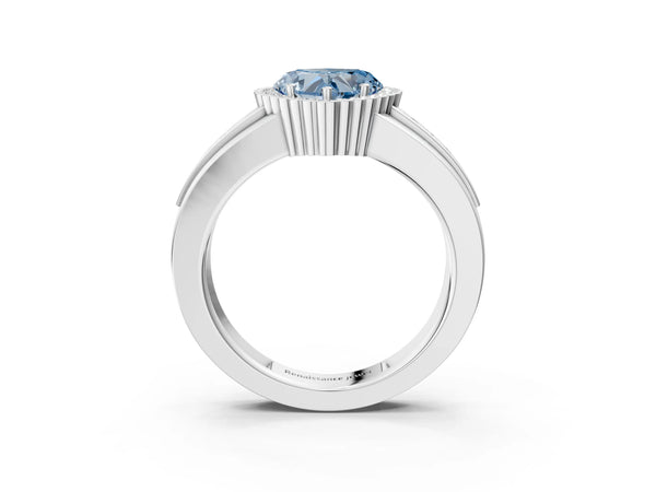 White gold Fancy Blue Heart  Cut Halo Pave Band Four-Prong Ring