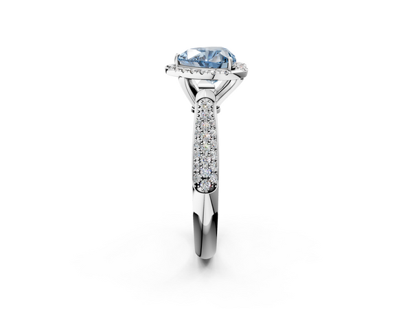 Platinum Fancy Blue Heart  Cut Halo Pave Band Four-Prong Setting Ring