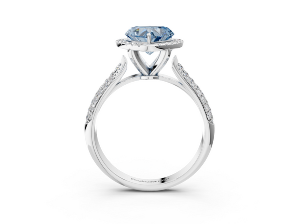 Platinum Fancy Blue Heart  Cut Halo Pave Band Four-Prong Setting Ring