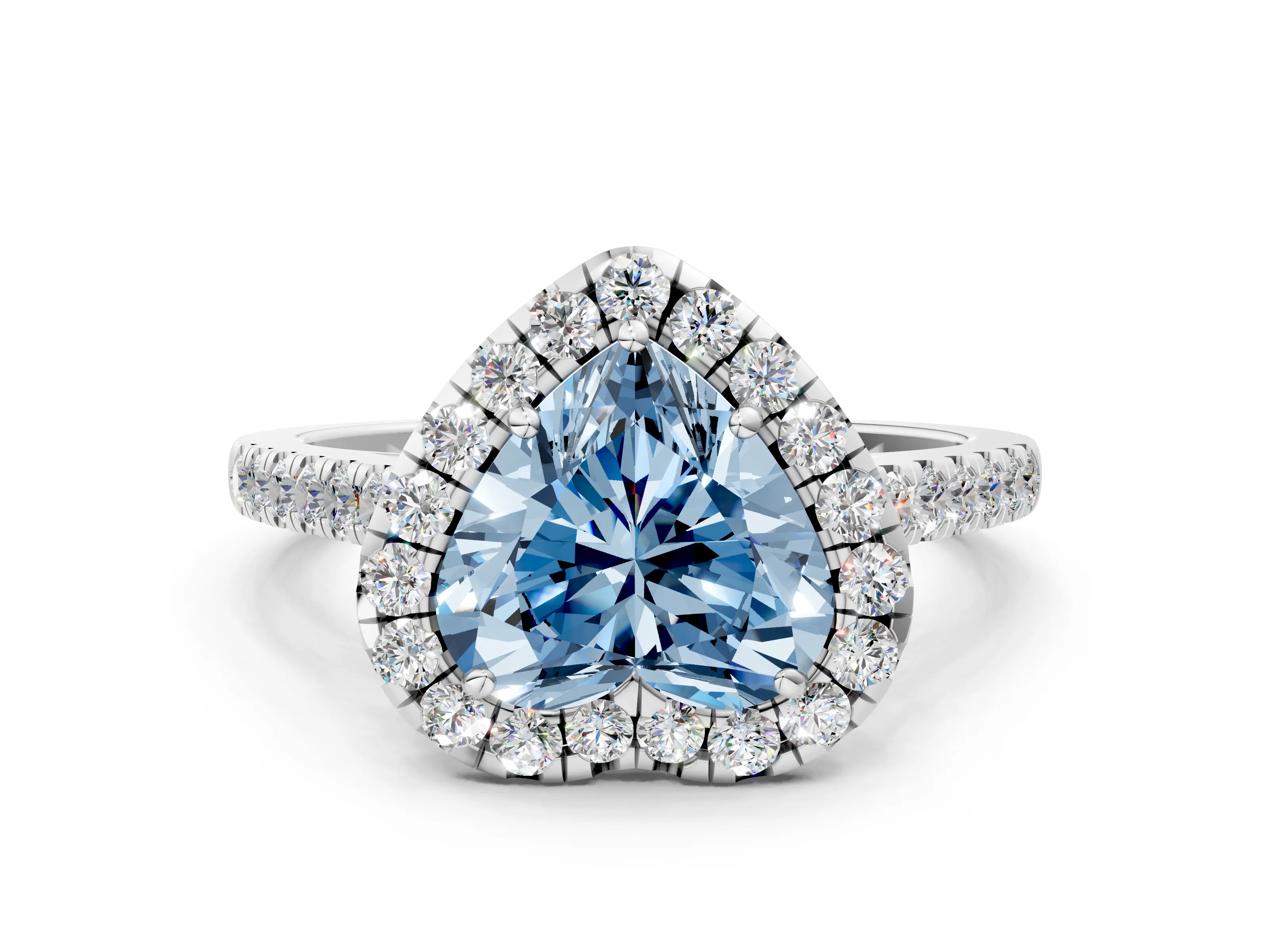 White gold Fancy Blue Heart Cut Halo Pave Diamond Engagement Ring with Four-Prong Setting