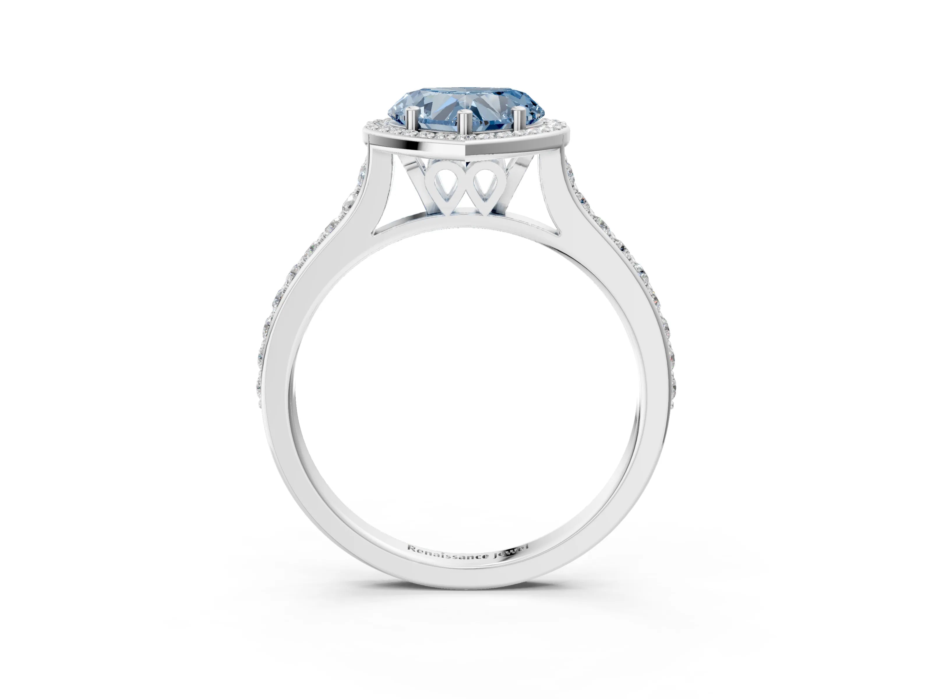 White gold Fancy Blue Heart Cut Halo Round Diamond Pavé Band with Four-Prong Setting_18
