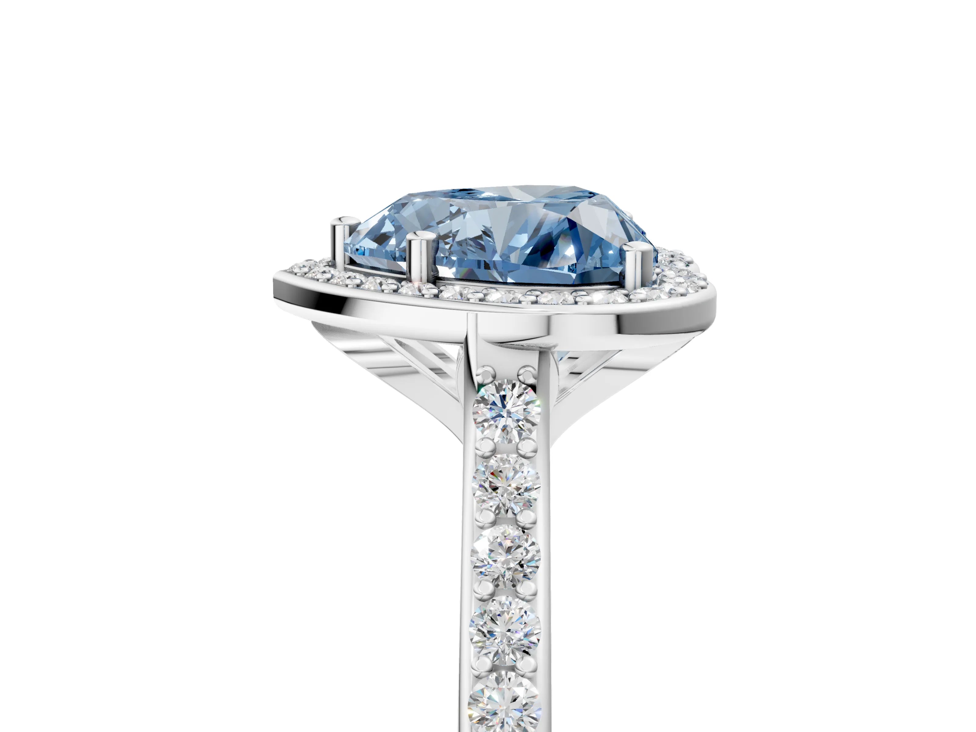 White gold Fancy Blue Heart Cut Halo Round Diamond Pavé Band with Four-Prong Setting_27