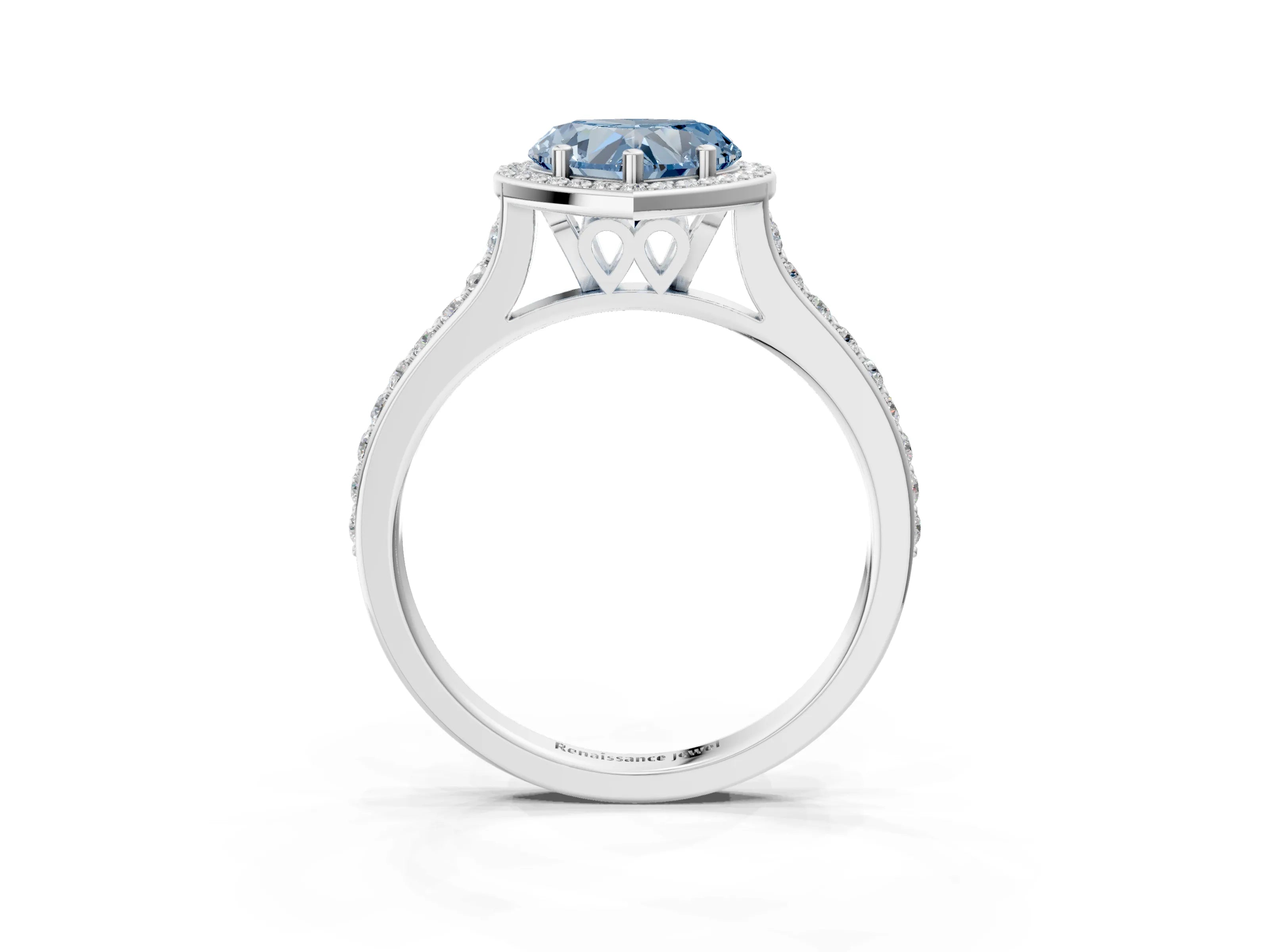White gold Fancy Blue Heart Cut Halo Round Diamond Pavé Band with Four-Prong Setting_30
