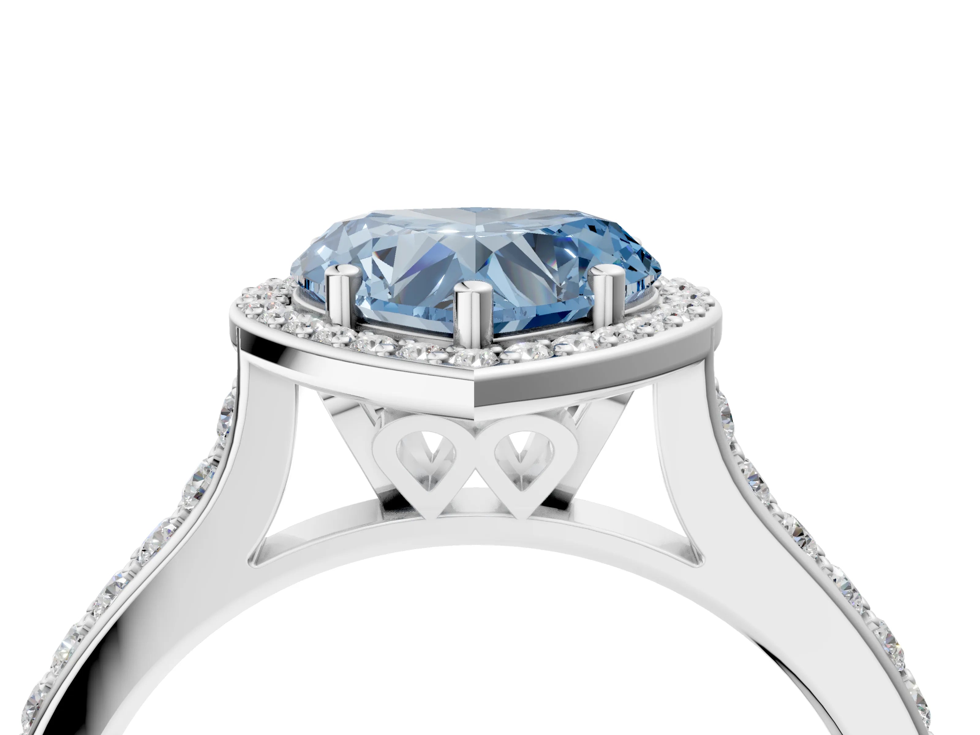 White gold Fancy Blue Heart Cut Halo Round Diamond Pavé Band with Four-Prong Setting_31