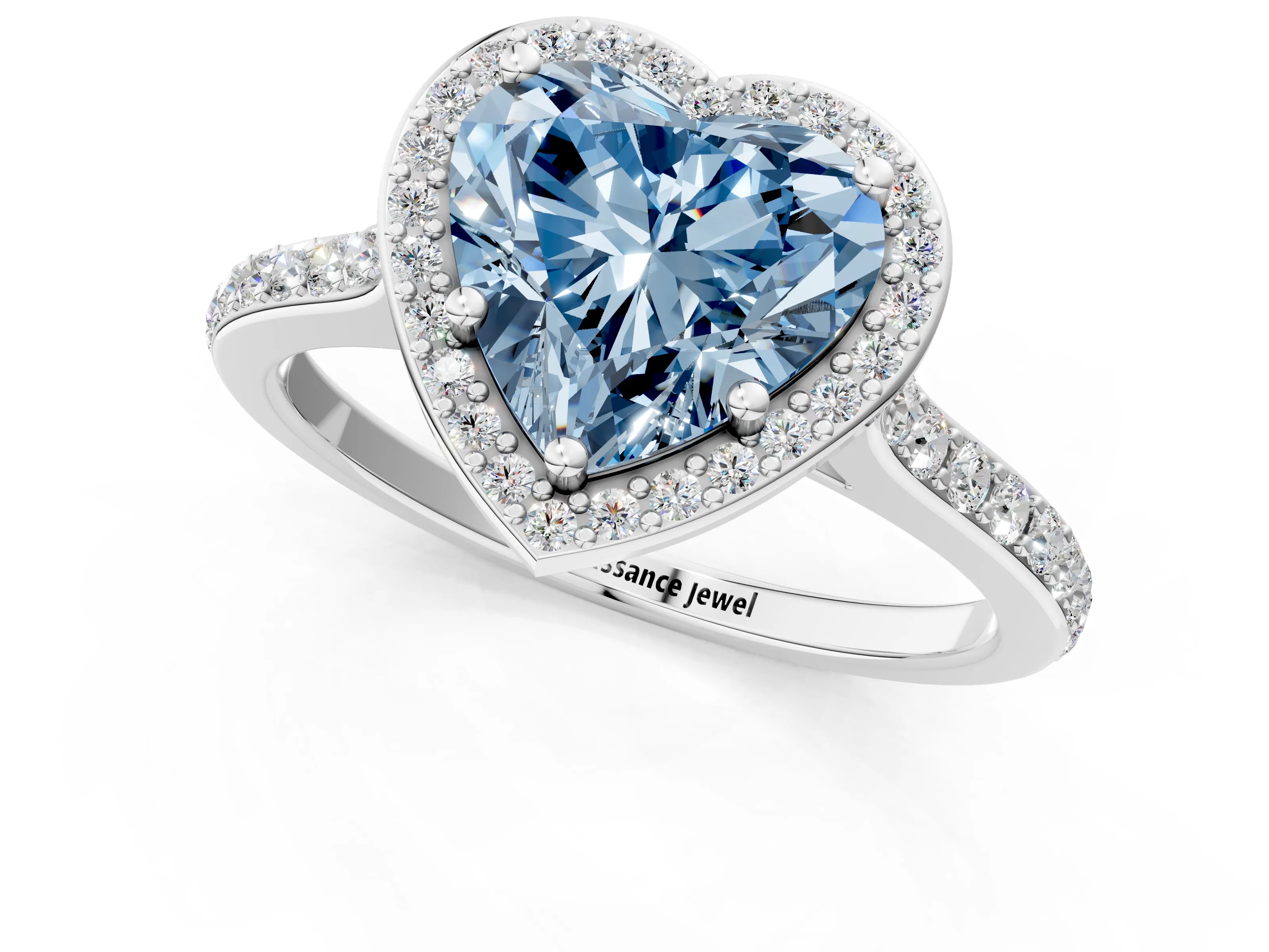 White gold Fancy Blue Heart Cut Halo Round Diamond Pavé Band with Four-Prong Setting_40