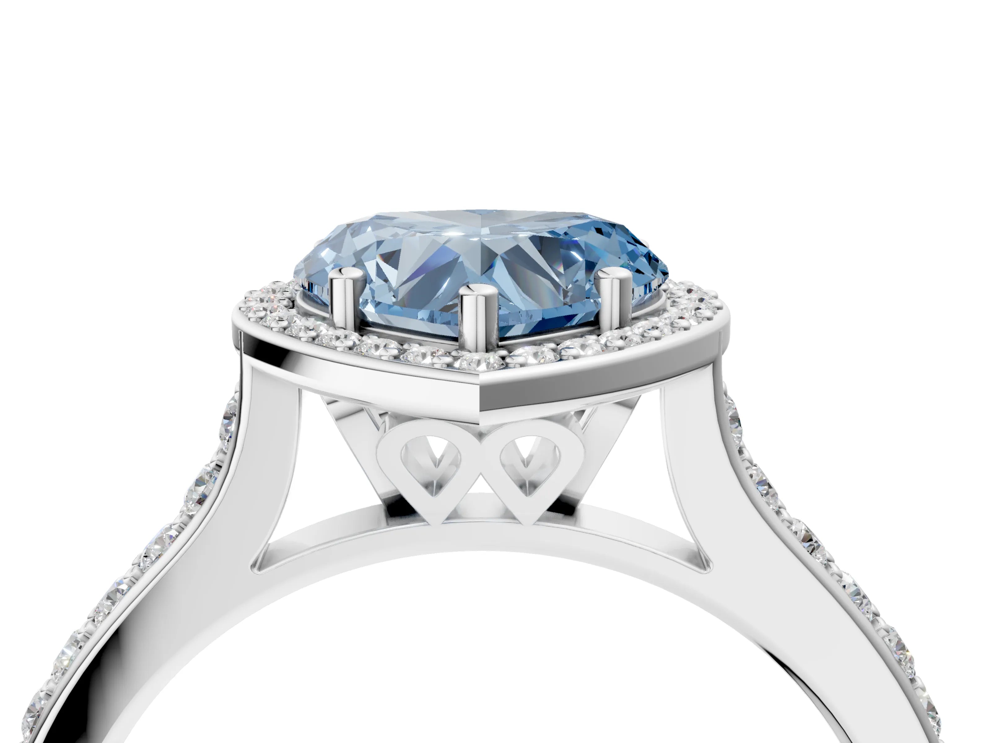 White gold Fancy Blue Heart Cut Halo Round Diamond Pavé Band with Four-Prong Setting_43