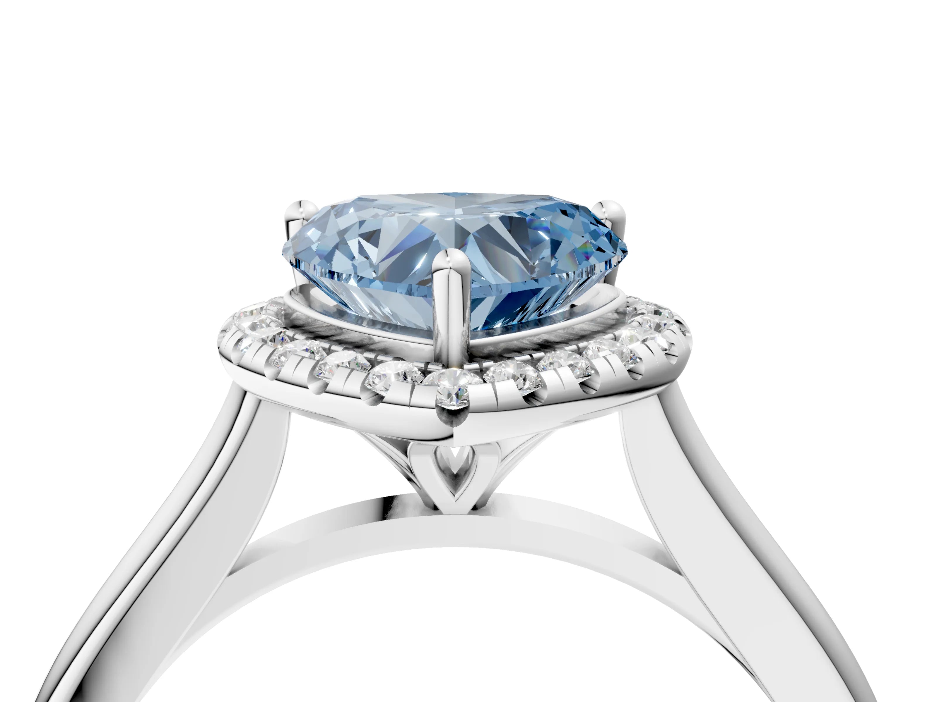 White gold Fancy Blue Heart Cut Halo Round Diamond Solitaire Engagement Ring with Pave Band and Four-Prong Setting_28