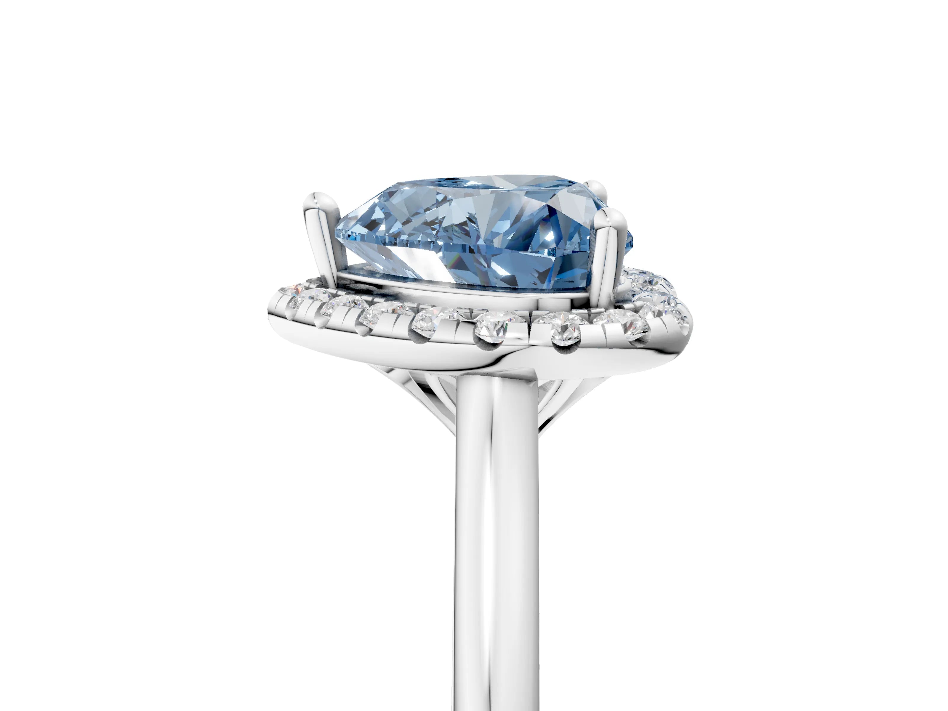 White gold Fancy Blue Heart Cut Halo Round Diamond Solitaire Engagement Ring with Pave Band and Four-Prong Setting_30