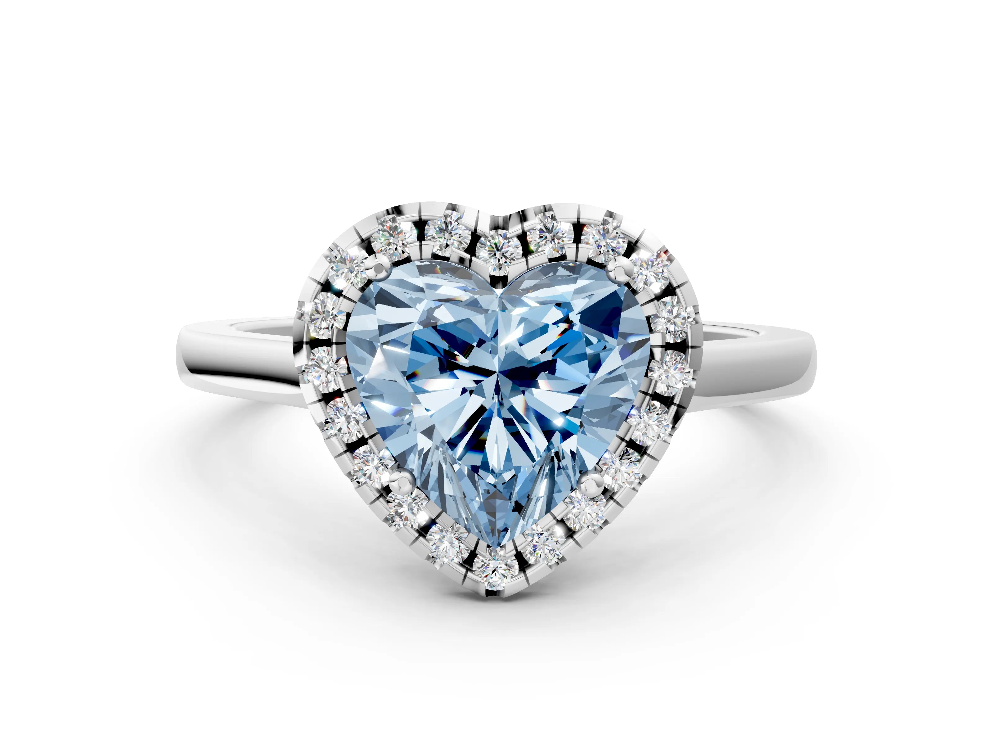 White gold Fancy Blue Heart Cut Halo Round Diamond Solitaire Ring with Pavé Band and Four-Prong Setting_12