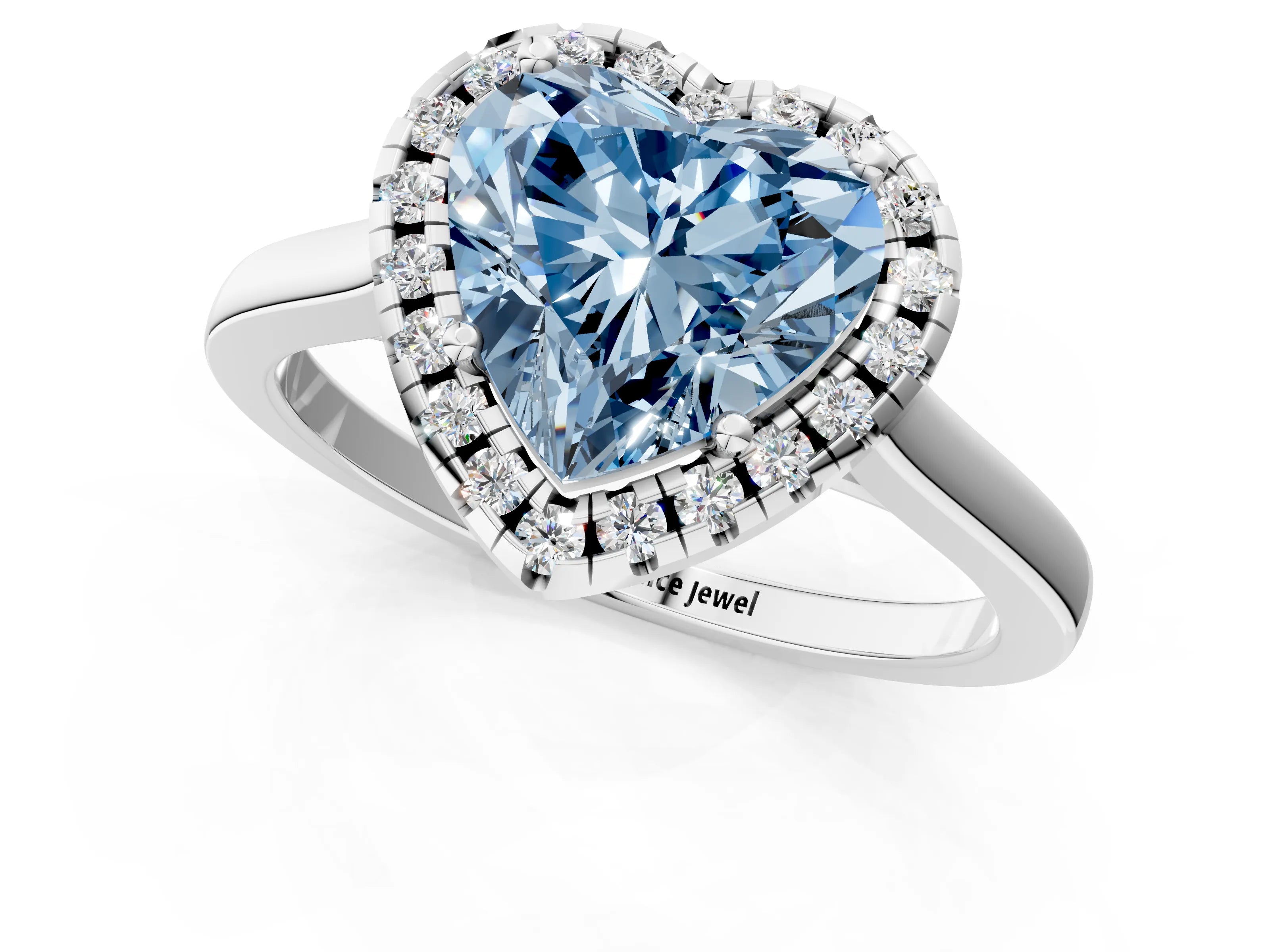 White gold Fancy Blue Heart Cut Halo Round Diamond Solitaire Ring with Pavé Band and Four-Prong Setting_13