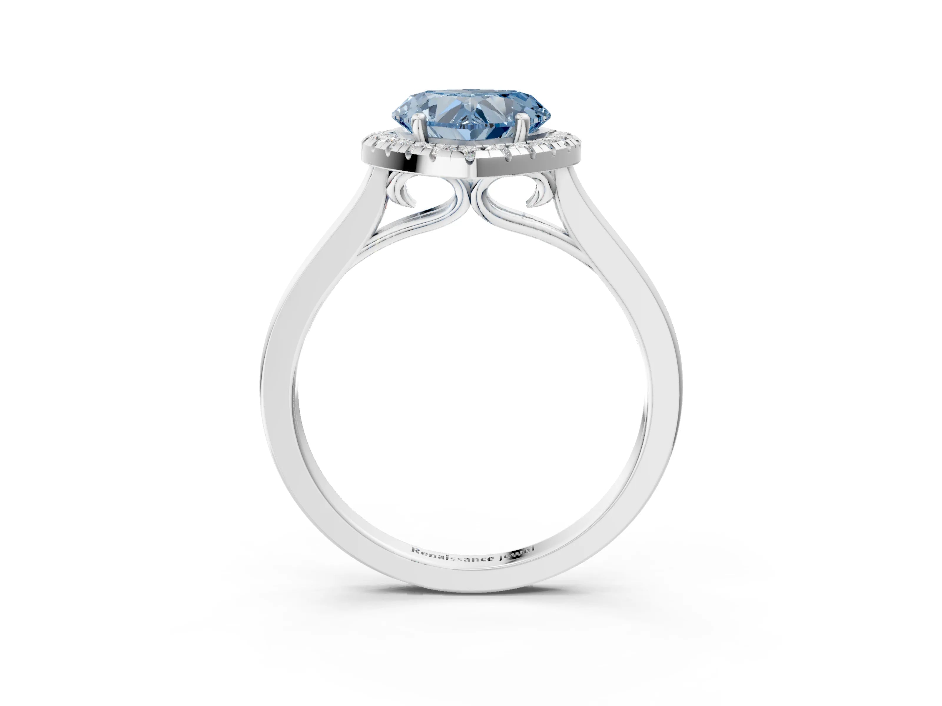 White gold Fancy Blue Heart Cut Halo Round Diamond Solitaire Ring with Pavé Band and Four-Prong Setting_15