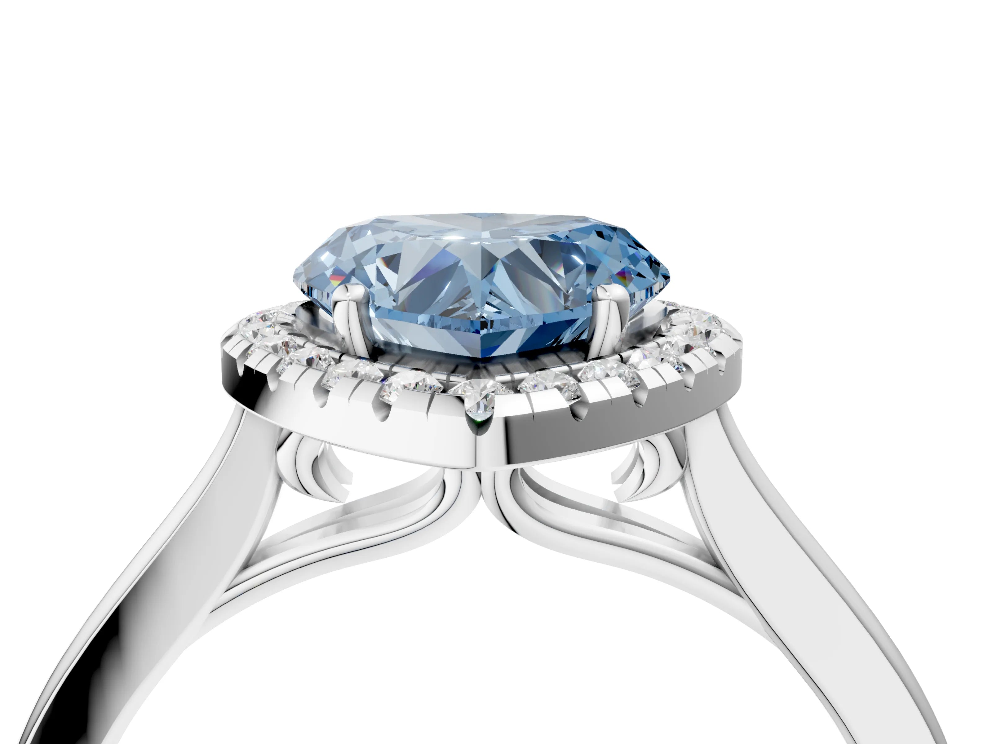 White gold Fancy Blue Heart Cut Halo Round Diamond Solitaire Ring with Pavé Band and Four-Prong Setting_16