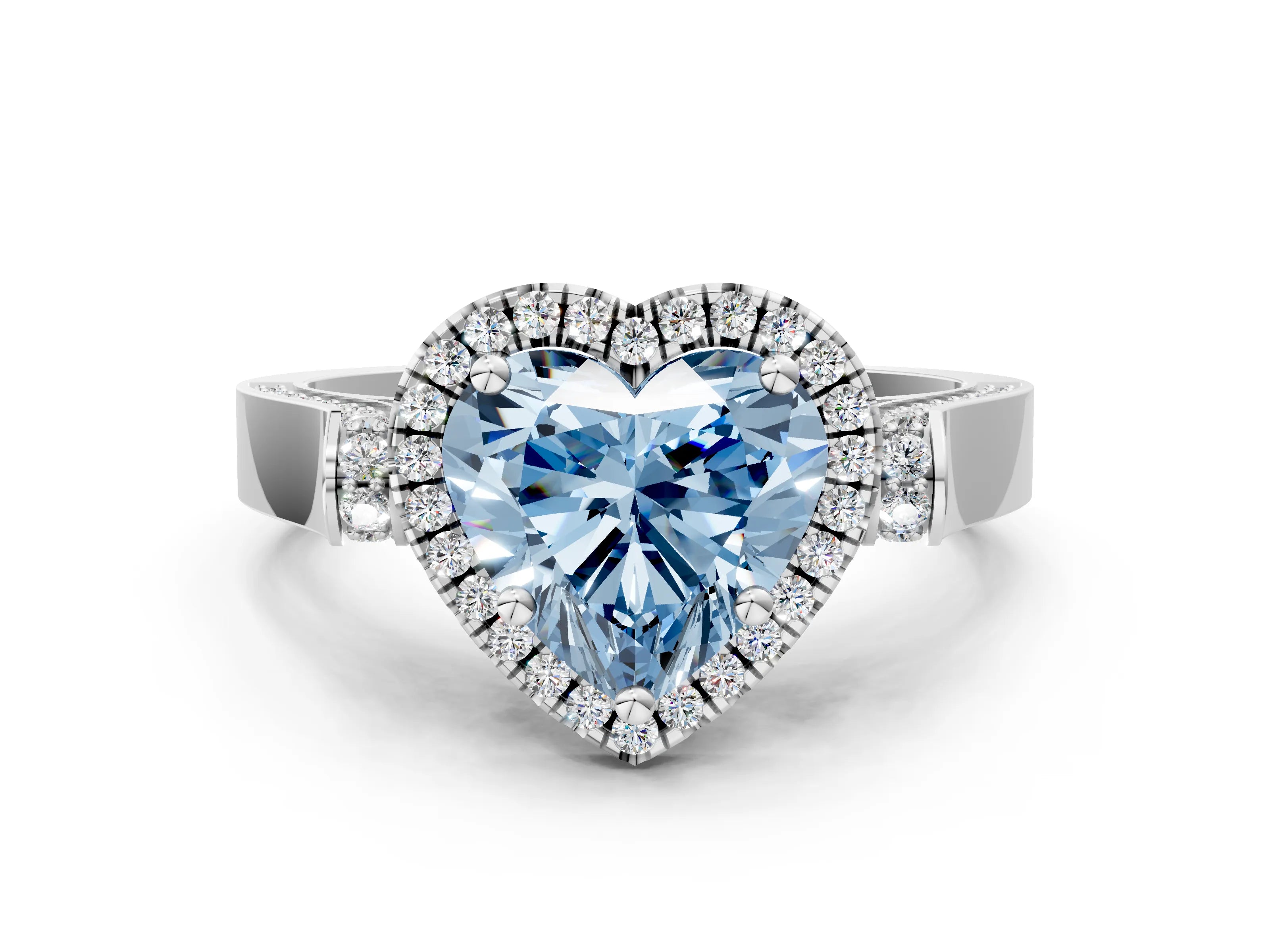White gold Fancy Blue Heart Cut Halo Round Diamond Twist Band with Four-Prong Setting