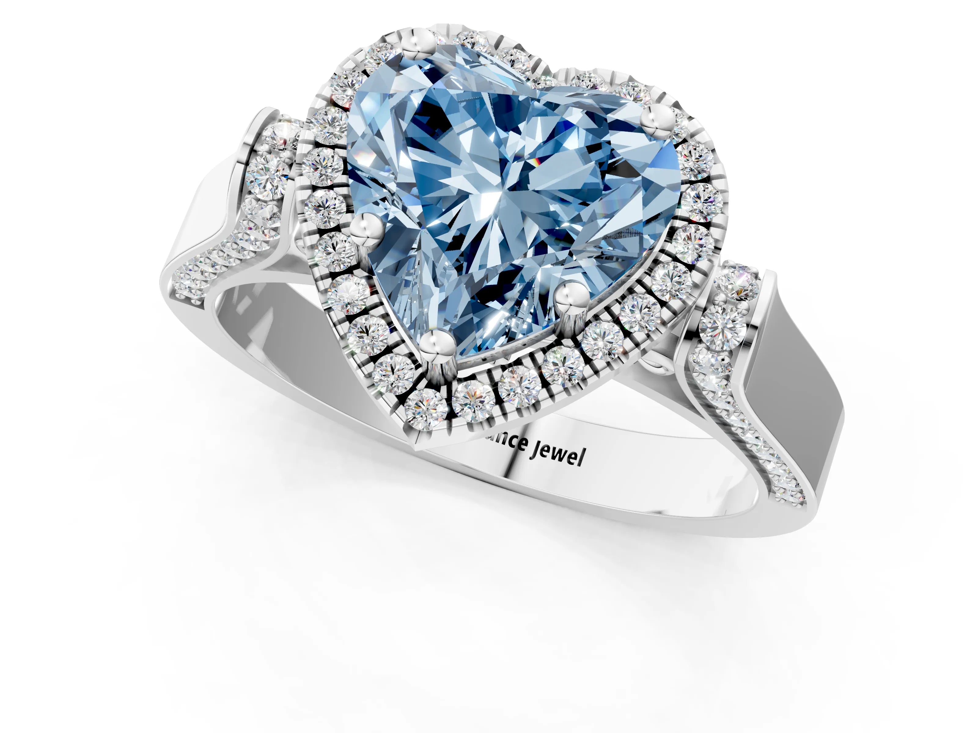 White gold Fancy Blue Heart Cut Halo Round Diamond Twist Band with Four-Prong Setting_25