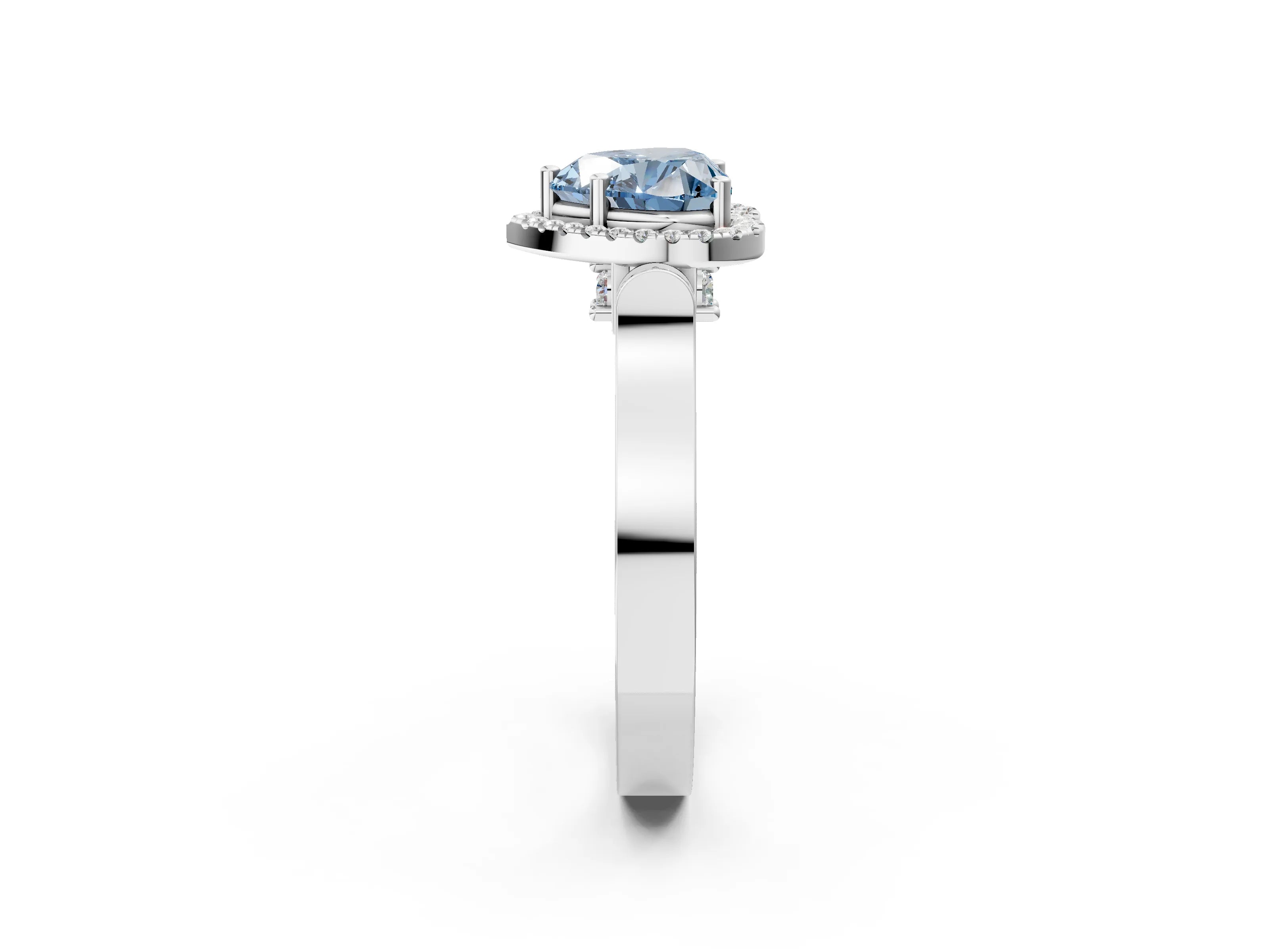 White gold Fancy Blue Heart Cut Halo Round Diamond Twist Band with Four-Prong Setting_26