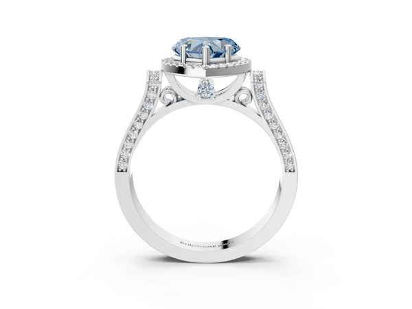 White gold Fancy Blue Heart Cut Halo Round Diamond Twist Band with Four-Prong Setting